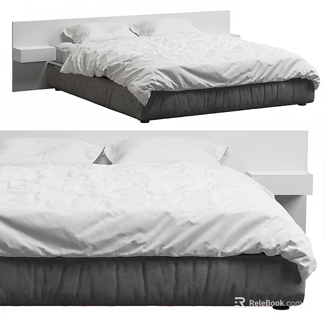 Modern Double Bed Interior With White Bed Sheets Gray Frame And Bedside Table 3d model 