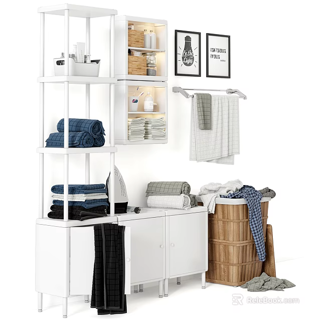 Bathroom Combination With White Shelving Unit Folded Towels Hanging Towels Cabinet and Basket 3d model 
