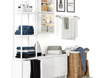 Bathroom Combination With White Shelving Unit Folded Towels Hanging Towels Cabinet and Basket 3d model