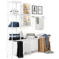 Bathroom Combination With White Shelving Unit Folded Towels Hanging Towels Cabinet and Basket