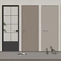 Modern Interior Hinged Doors Showcase With Glass Grid Wooden Panels Cat Figurines And Plant