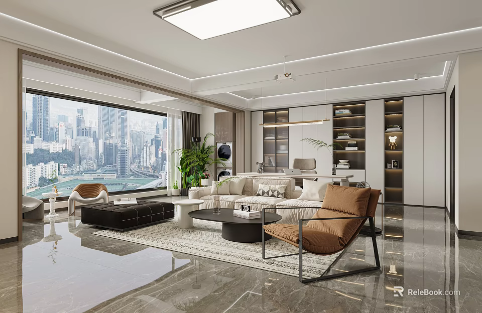 Modern Living Dining Room Interior With Large Window City View Sofa Coffee Table And Plants 3d model 
