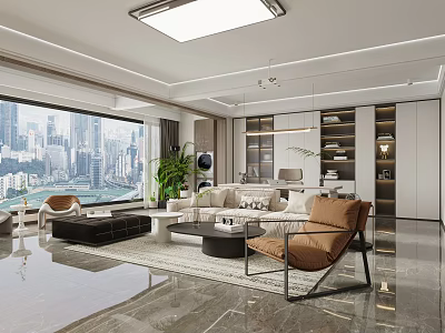 Modern Living Dining Room Interior With Large Window City View Sofa Coffee Table And Plants 3d model
