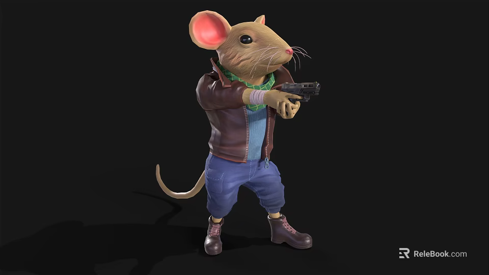 Cartoon Mouse Character Wearing Brown Leather Jacket Blue Jeans Green Scarf Holding Gun And Boots 3d model 