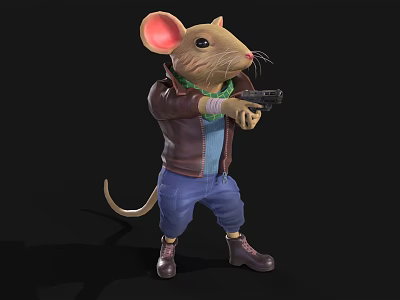 Cartoon Mouse Character Wearing Brown Leather Jacket Blue Jeans Green Scarf Holding Gun And Boots 3d model