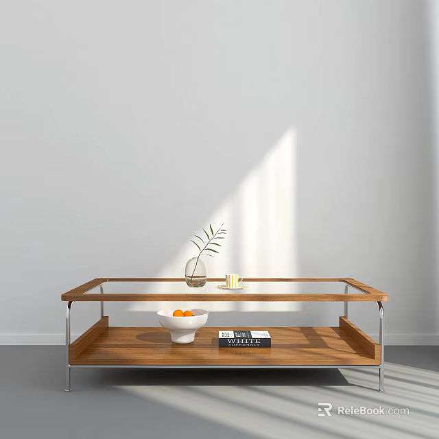 Stylish Wooden Coffee Table With Metal Frame And Decorative Vase Fresh Oranges And Books 3d model 