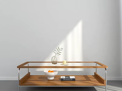Stylish Wooden Coffee Table With Metal Frame And Decorative Vase Fresh Oranges And Books 3d model