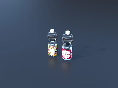 Two Water Bottles with Colorful Patterned and Red Labels on Dark Background 3d model