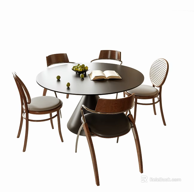 Wooden Round Dining Table Set With Woven Back Chairs Leather Cushioned Seats Fruits Open Book 3d model 