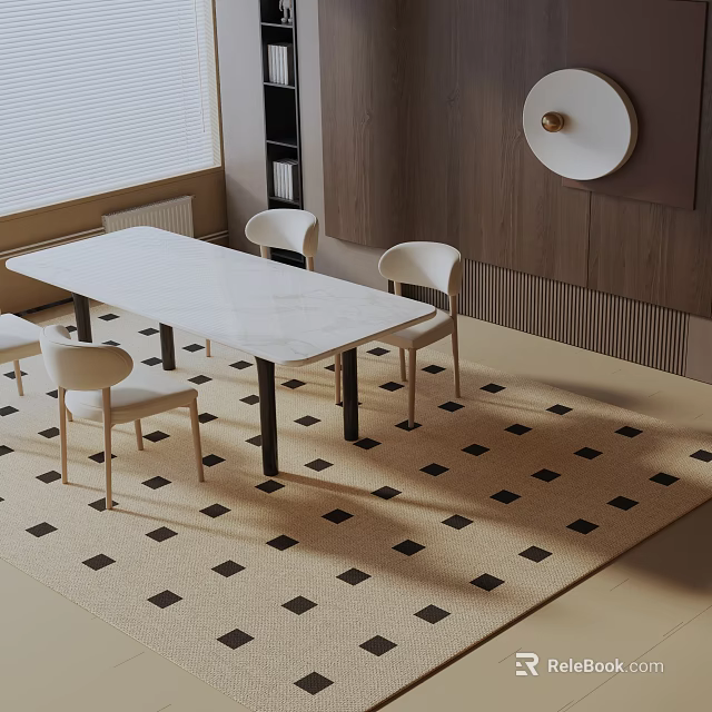 Modern White Rectangular Dining Table Set With Four White Chairs Black Legs Beige Square Rug 3d model