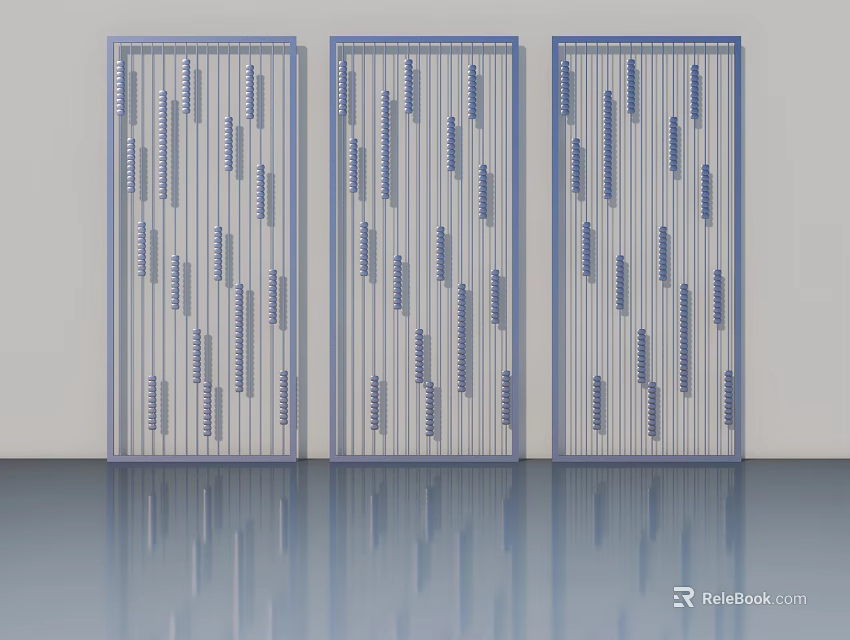 Modern Casement Doors With Blue Vertical Decorative Patterns And Reflective Floor 3d model