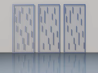 Modern Casement Doors With Blue Vertical Decorative Patterns And Reflective Floor 3d model