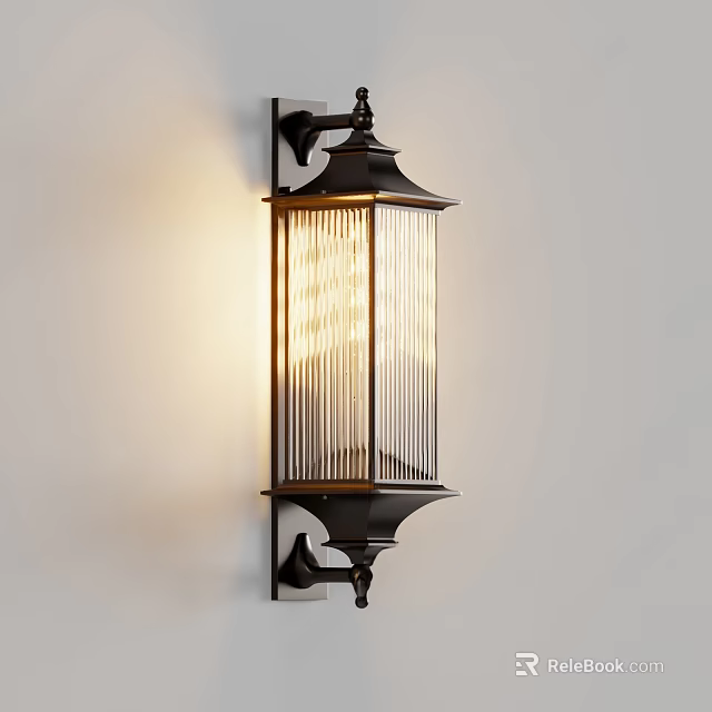 Classic Black Metal Wall Lamp With Transparent Striped Shade And Warm Lighting 3d model 