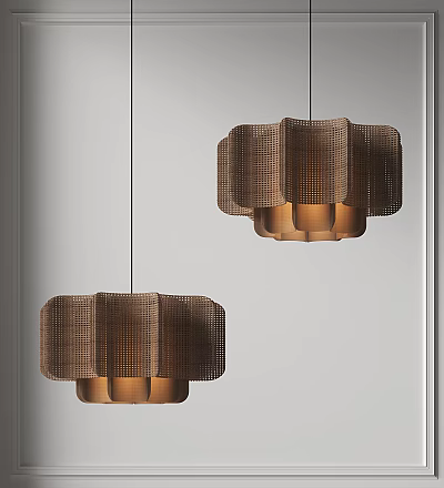 Two Modern Woven Brown Pendant Lights With Textured Pleated Design For Home Interior 3d model