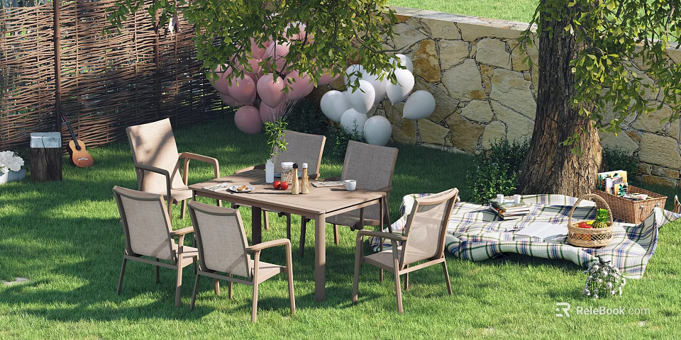 Outdoor Sofa Coffee Table Set On Green Lawn With Stone Wall And Balloons 3d model 