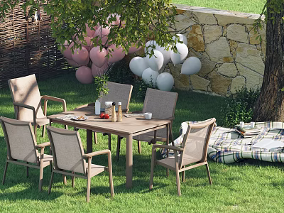 Outdoor Sofa Coffee Table Set On Green Lawn With Stone Wall And Balloons 3d model