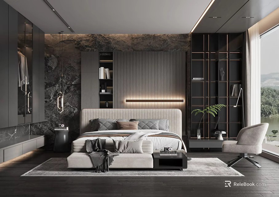 Modern Bedroom Interior With Upholstered Headboard Bed Area Rug Armchair And Large Window 3d model 