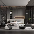 Modern Bedroom Interior With Upholstered Headboard Bed Area Rug Armchair And Large Window