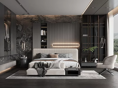 Modern Bedroom Interior With Upholstered Headboard Bed Area Rug Armchair And Large Window 3d model