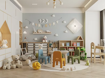 Kids Playroom Featuring Stuffed Toys Colorful Chairs Bookshelves 123 Banner And Cloud Decorations 3d model