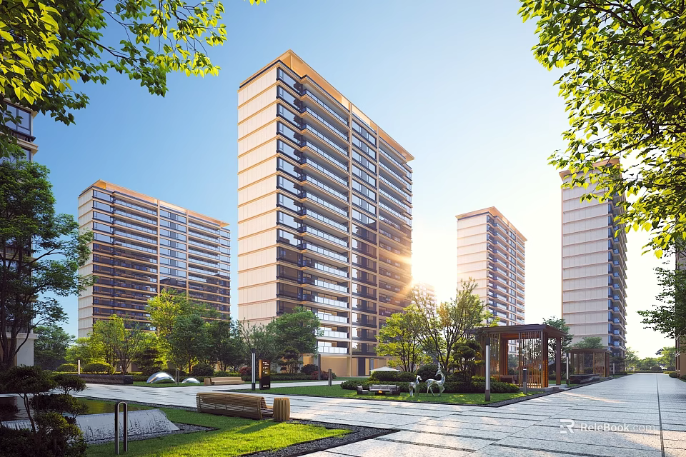 Modern High Rise Residential Building with Lush Greenery Sunlit Surroundings and Well Designed Pathway 3d model 