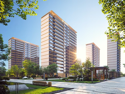 Modern High Rise Residential Building with Lush Greenery Sunlit Surroundings and Well Designed Pathway 3d model