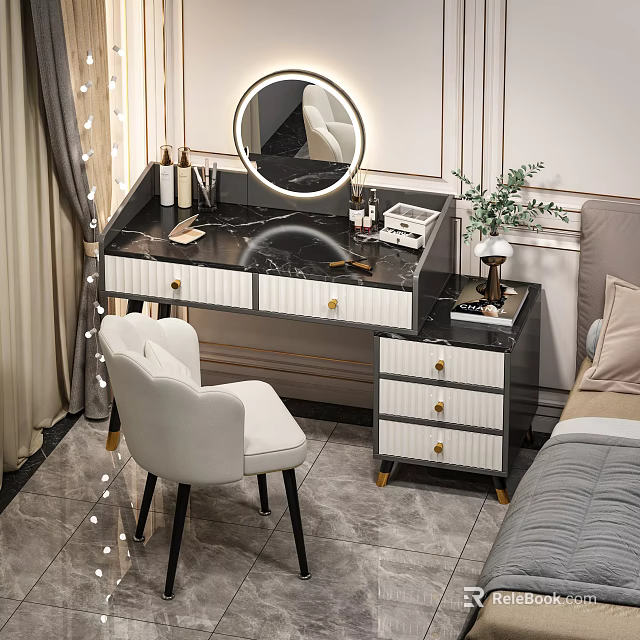 Elegant Vanity Table With Marble Countertop White Chair Gold Accents Mirror Lights And Green Plant 3d model 