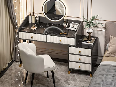 Elegant Vanity Table With Marble Countertop White Chair Gold Accents Mirror Lights And Green Plant 3d model