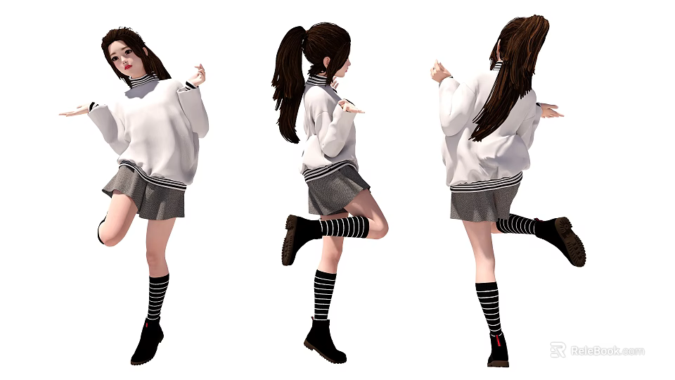 A Woman In White Sweater Grey Pleated Skirt And Black Striped Socks Dancing Pose 3d model 