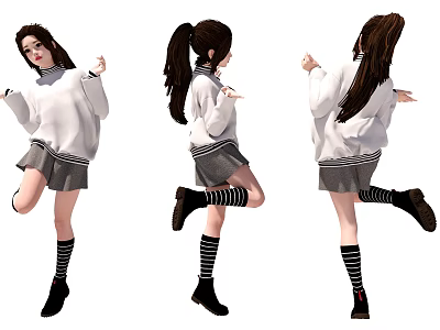 A Woman In White Sweater Grey Pleated Skirt And Black Striped Socks Dancing Pose 3d model