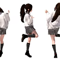 A Woman In White Sweater Grey Pleated Skirt And Black Striped Socks Dancing Pose
