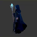 Hooded Man In Blue Robe Holding Glowing Staff With Intricate Patterns