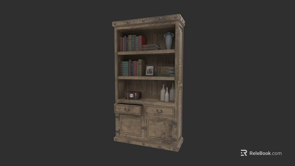Vintage Wooden Bookcase With Shelves Books Vase Photo Frame And Drawers 3d model 