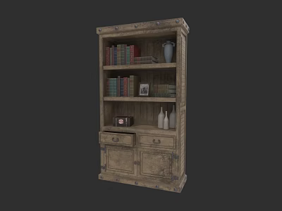 Vintage Wooden Bookcase With Shelves Books Vase Photo Frame And Drawers 3d model