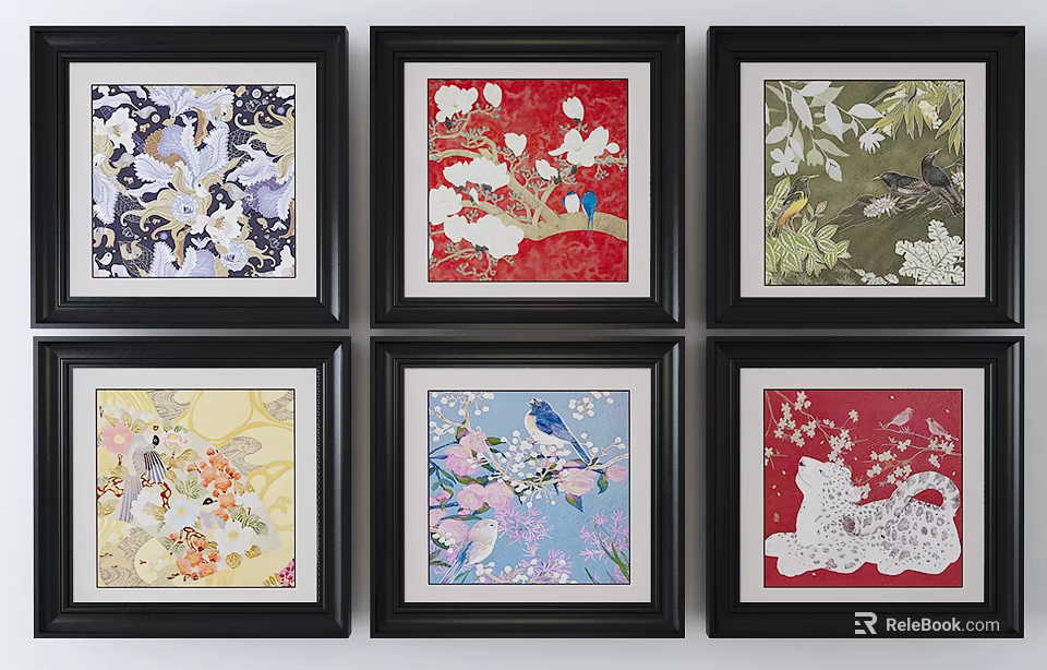 Framed Landscape Paintings Featuring Floral Bird Patterns On Various Color Backgrounds 3d model