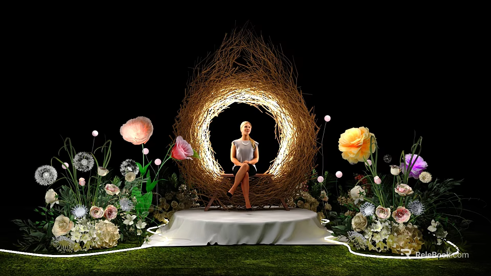 Decorative Woven Arch Scene With Model Colorful Flowers Lighting And Grass 3d model 