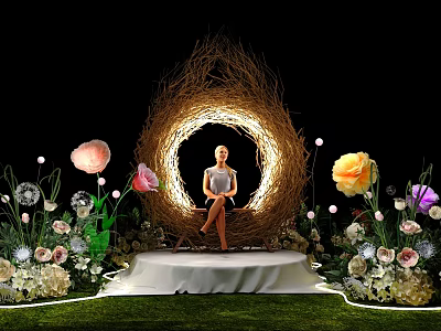 Decorative Woven Arch Scene With Model Colorful Flowers Lighting And Grass 3d model