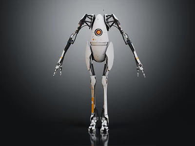 Futuristic Robot Character With Long Mechanical Limbs Orange Emblem And Metallic Texture 3d model