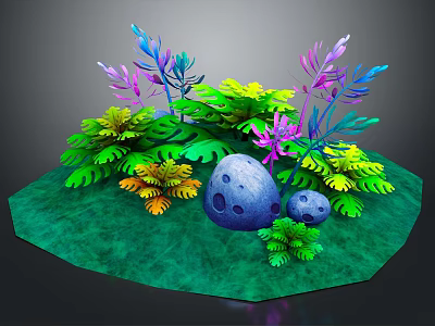 Cartoon Scene With Vibrant Colorful Plants And Blue Spotted Eggs On Green Ground 3d model