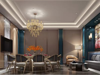 Elegant Private Room Interior With Crystal Chandelier Dining Table Chairs Sofa TV And Decorative Art 3d model