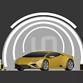 Yellow Sports Car 3D Render With Circular Logo And Yellow Cubes