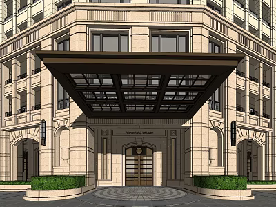 Elegant Classical Building Entrance Gate With Black Glass Canopy Beige Stone And Side Shrubs 3d model