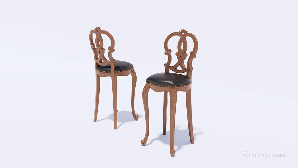 Elegant Wooden Bar Stools With Carved Legs And Black Leather Seats 3d model 