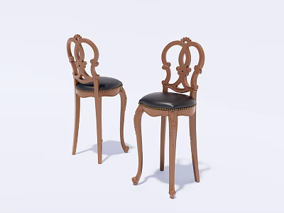 Elegant Wooden Bar Stools With Carved Legs And Black Leather Seats 3d model