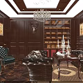 Luxurious Study Room Interior With Dark Wooden Walls Chandelier Bookshelf Leather Sofa And Armchairs