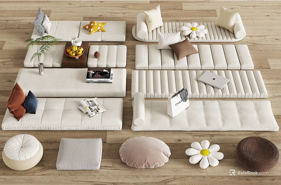 Different Sofa Designs With Decorative Cushions Pillows Books Plants And Flower Decor 3d model 