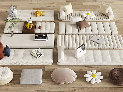 Different Sofa Designs With Decorative Cushions Pillows Books Plants And Flower Decor 3d model