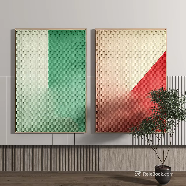 Two Decorative Paintings With Green White Red Beige Checkered Patterns On Wall With Plant 3d model