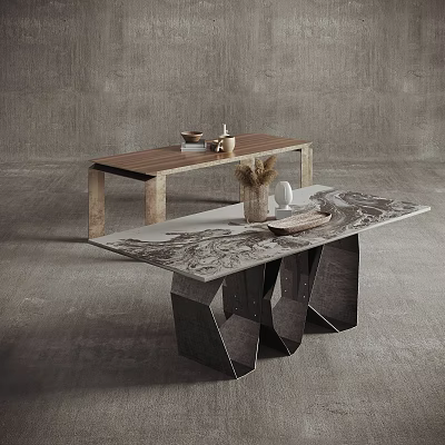 Modern Dining Table With Marble Top And Geometric Legs Featuring Decorative Vase And Books 3d model