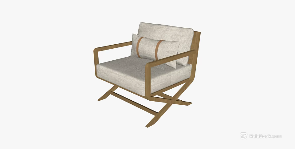 Modern Single Sofa With Wooden Frame Light Gray Cushion And Brown Striped Pillows 3d model 